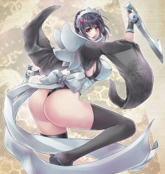 Rule 34 | 1girl, ass, black leotard, blade, bow, breasts, butterfly swords, curvy, dtcy, dual wielding, gauntlets, highleg, highleg leotard, holding, holding weapon, huge ass, iroha (samurai spirits), large breasts, leotard, lips, long legs, looking at viewer, maid, open mouth, reverse grip, samurai spirits, short hair, sideboob, smile, snk, solo, thighhighs, thighs, thong leotard, weapon, wide hips, wide sleeves