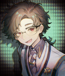 Rule 34 | 1boy, :d, argyle, argyle background, argyle clothes, brown hair, checkered necktie, collared shirt, glasses, green background, grey vest, highres, horropedia, looking to the side, male focus, mingzhaichuan, necktie, open mouth, red eyes, reverse:1999, shadow, shirt, short hair, smile, solo, spotlight, tie clip, upper body, vest, white shirt