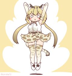 Rule 34 | 1girl, animal ears, arms up, belt, blonde hair, bow, bowtie, brown background, cat ears, cat girl, cat tail, coroha, elbow gloves, extra ears, full body, gloves, jumping, kemono friends, kemono friends 3, long hair, looking at viewer, ocelot (kemono friends), shirt, shoes, simple background, skirt, sleeveless, sleeveless shirt, solo, tail, thighhighs, twintails