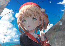 Rule 34 | 1girl, beret, blonde hair, braid, collared shirt, commentary request, fingernails, green eyes, hair ornament, hat, highres, indie virtual youtuber, jacket, light blush, light brown hair, looking at viewer, open mouth, pom pom (clothes), pom pom hair ornament, rain, red hat, sailor collar, shigure ui (vtuber), shigure ui (vtuber) (1st costume), shirt, short hair, side braid, smile, solo, twitter username, umbrella, unusablenameaaa, upper body, virtual youtuber