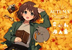 Rule 34 | 1girl, :d, animal, arisa (aren), artist name, autumn leaves, black eyes, black skirt, blue eyes, blush, book, brown hair, buttoned cuffs, camera, cat, earrings, glasses, green jacket, grey cat, holding, holding leaf, jacket, jewelry, lapels, leaf, long sleeves, looking to the side, lying, notice lines, on back, open book, open clothes, open jacket, open mouth, original, pleated skirt, round eyewear, shirt, short hair, signature, skirt, smile, solo, t-shirt, unworn eyewear, upper body, white shirt