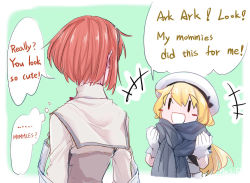 Rule 34 | +++, 2girls, alternate language, ark royal (kancolle), blonde hair, commentary request, dress, english text, gloves, hat, jacket, jervis (kancolle), kantai collection, long hair, long sleeves, multiple girls, pin.s, red hair, sailor dress, sailor hat, scarf, short hair, white gloves, white headwear