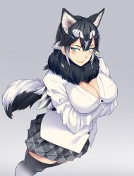Rule 34 | 10s, 1girl, absurdres, animal ears, black hair, black thighhighs, blazer, blue eyes, blush, body blush, bonkiru, breasts, closed mouth, commentary request, crossed arms, dog ears, dog tail, from above, fur collar, gradient background, grey background, hair between eyes, highres, jacket, kemono friends, large breasts, long hair, multicolored hair, original, plaid, plaid skirt, pleated skirt, shirt, skirt, smile, solo, standing, tail, thighhighs, two-tone hair, very long hair, white hair, white shirt