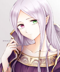 Rule 34 | 1girl, closed mouth, collarbone, commentary request, fire emblem, fire emblem: the binding blade, forehead, gold trim, green eyes, grey background, hair ornament, hair tubes, heterochromia, highres, idunn (fire emblem), jewelry, light purple hair, long hair, looking at viewer, nintendo, parted bangs, pointy ears, purple eyes, purple robe, robe, shirokuroma 29, simple background, solo, twitter username