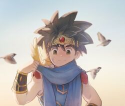 Rule 34 | 1boy, adjusting scarf, arm guards, armor, b-saku, bird, black hair, blue scarf, child, closed mouth, covered mouth, cross scar, dai (dragon quest), dragon quest, dragon quest dai no daibouken, facial scar, forehead protector, gem, gome, hand up, happy, looking at animal, male focus, motion blur, pauldrons, red gemstone, scar, scar on cheek, scar on face, scarf, shared clothes, shared scarf, short hair, shoulder armor, sky, slime (creature), smile, spiked hair, toned, toned male, upper body