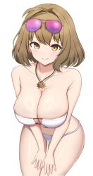 Rule 34 | 1girl, ahoge, anis (nikke), anis (sparkling summer) (nikke), bare shoulders, bikini, breasts, brown eyes, cleavage, closed mouth, collarbone, commentary, eyewear on head, goddess of victory: nikke, hair intakes, hands on own thighs, hanging breasts, highres, jewelry, large breasts, leaning forward, light brown hair, light smile, looking at viewer, medium hair, navel, paid reward available, pink-tinted eyewear, simple background, skindentation, solo, sunglasses, surippa1010, swimsuit, thigh gap, thighs, tinted eyewear, white background, white bikini