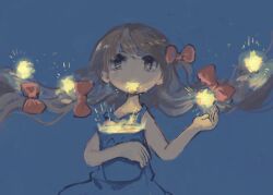 Rule 34 | 1girl, blue background, bow, braid, brown eyes, brown hair, bucket, commentary request, cowboy shot, dress, floating hair, glowing, hair bow, hands up, highres, holding, holding bucket, kezuru, long hair, mouth hold, orange bow, original, partially colored, simple background, sketch, solo, star (symbol), strap slip, twin braids, very long hair
