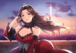 Rule 34 | 1girl, ahoge, balcony, breasts, brown hair, cleavage, collar, corset, da-cart, detached sleeves, dorothea arnault, dress, earrings, fire emblem, fire emblem: three houses, green eyes, hand in own hair, highres, jewelry, large breasts, long hair, nintendo, red dress, solo, sunrise, tagme