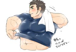 Rule 34 | 1boy, bara, blush, brown hair, cropped torso, facial hair, green eyes, hot, large pectorals, lifting own clothes, long sideburns, looking at viewer, male focus, mature male, muscular, muscular male, nunutarou, pectorals, shirt, short hair, sideburns, sideburns stubble, sideways glance, solo, strongman waist, stubble, sweat, thick eyebrows, tight clothes, tight shirt, tokyo houkago summoners, translation request, wiping sweat, zao (housamo)