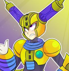 Rule 34 | annoyed, capcom, fuse, fuse man, gloves, hand up, helmet, joints, mega man (classic), mega man (series), no humans, non-humanoid robot, red eyes, robot, robot ears, robot joints, upper body