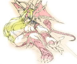 Rule 34 | 1girl, blonde hair, boots, breasts, claws, cleavage, dragon girl, dragon master, dragon tail, fingerless gloves, gloves, head wings, knee boots, large breasts, long hair, low-tied long hair, monster girl, polearm, riesz, seiken densetsu, seiken densetsu 3, sketch, solo, spear, tail, uzuki, weapon, wings
