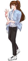 Rule 34 | 1boy, bad id, bad pixiv id, bag, bishounen, black pants, brown hair, full body, green eyes, hair between eyes, hand up, highres, long hair, male focus, original, pants, ponytail, ronpu cooing, shoes, shopping bag, simple background, smile, sneakers, solo, standing, unbuttoned, unbuttoned shirt, white background, white footwear, wristband
