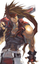Rule 34 | 1boy, abs, arc system works, brown hair, english text, gauntlets, guilty gear, headband, looking away, male focus, muscular, shihira tatsuya, simple background, smirk, sol badguy, solo, sword, weapon, yellow eyes