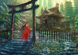 Rule 34 | 1girl, architecture, brown hair, building, denki, dual wielding, east asian architecture, fence, forest, holding, japanese clothes, katana, leaf, long hair, mask, nature, original, red eyes, revision, scabbard, scenery, sheath, shrine, solo, stairs, sunlight, sword, torii, tree, weapon, wind, wooden fence