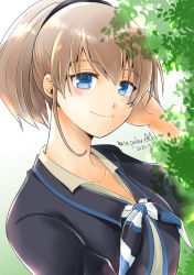 Rule 34 | 1girl, artist logo, black shirt, blue eyes, blush, breasts, brown hair, bush, commentary request, dated, highres, intrepid (kancolle), kantai collection, looking at viewer, matsuura@parao, medium breasts, multicolored neckwear, one-hour drawing challenge, ponytail, shirt, short hair, smile, solo