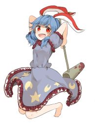 Rule 34 | 1girl, :d, ambiguous red liquid, animal ears, arms up, bad id, bad pixiv id, blue dress, blue hair, blush, crescent, dress, earclip, kine, looking at viewer, mallet, misha (hoongju), moon rabbit, open mouth, puffy sleeves, rabbit ears, red eyes, seiran (touhou), short sleeves, smile, solo, star (symbol), touhou, transparent background