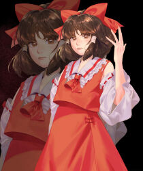 Rule 34 | 1girl, absurdres, ascot, bare shoulders, black background, bow, brown eyes, brown hair, closed mouth, detached sleeves, eosatto (eo4tto), eyebrows hidden by hair, fingernails, frilled shirt collar, frills, hair tubes, hakurei reimu, hand up, highres, light blush, looking at viewer, medium hair, multiple views, red ascot, red skirt, red vest, ribbon-trimmed sleeves, ribbon trim, serious, simple background, skirt, skirt set, touhou, vest, wide sleeves, zoom layer