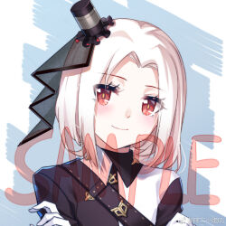 1girl aer_(tengqiu) alternate_costume black_dress blush closed_mouth crossed_arms dress english_text eyes_visible_through_hair forehead gloves hair_slicked_back hat long_sleeves looking_at_viewer mini_hat mini_top_hat parted_bangs red_eyes sample_watermark short_hair smile solo tilted_headwear top_hat upper_body veil vittorio_veneto_(warship_girls_r) warship_girls_r watermark weibo_logo weibo_watermark white_gloves white_hair