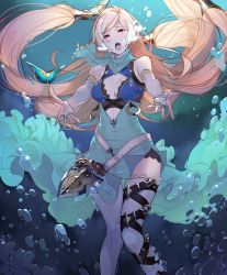 Rule 34 | 1girl, air bubble, belt, blonde hair, bridal gauntlets, bubble, dress, ejaeli (granblue fantasy), granblue fantasy, highres, kagetomo midori, long hair, looking at viewer, open mouth, outstretched arms, solo, thighhighs, underwater, very long hair
