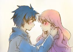 Rule 34 | 1boy, 1girl, beige background, blue hair, blush, couple, eye contact, face-to-face, hand on another&#039;s cheek, hand on another&#039;s face, hatching (texture), hetero, highres, hiraga saito, holding another&#039;s hair, linear hatching, looking at another, louise francoise le blanc de la valliere, pink hair, revision, simple background, yasai (73bear), zero no tsukaima