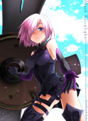Rule 34 | 1girl, armor, armored dress, bare shoulders, blue sky, blush, breasts, character name, cloud, day, elbow gloves, fate/grand order, fate (series), gloves, gluteal fold, hair over one eye, mash kyrielight, medium breasts, messy hair, outstretched hand, purple eyes, purple hair, shield, short hair, skindentation, sky, solo, thigh strap, thighs, tmgn