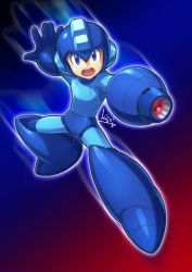 Rule 34 | 1boy, arm cannon, blue eyes, commentary request, full body, gradient background, helmet, hi-go!, male focus, mega man (character), mega man (classic), mega man (series), mega man 11, open mouth, outstretched arms, signature, simple background, solo, weapon