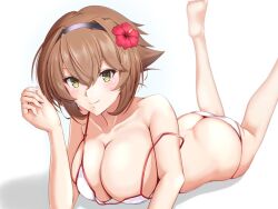 Rule 34 | 1girl, barefoot, bikini, black neckerchief, breasts, brown hair, butt crack, cleavage, flower, green eyes, hair flower, hair ornament, highres, kantai collection, large breasts, lying, mesera, mutsu (kancolle), neckerchief, on stomach, short hair, simple background, solo, swimsuit, white background, white bikini