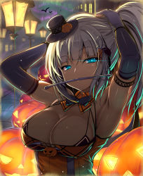 Rule 34 | 1girl, adjusting hair, armpits, arms up, backlighting, black gloves, blue eyes, breasts, cleavage, detached collar, elbow gloves, gloves, hair ornament, hat, jack-o&#039;-lantern, lamppost, large breasts, long hair, looking at viewer, migumigu, mini hat, mini top hat, mouth hold, original, ponytail, silver hair, solo, top hat, upper body