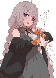 Rule 34 | 1girl, ahoge, bare shoulders, black jacket, blue eyes, blush, breasts, cum, cum on gloves, cum on hands, elbow gloves, fingerless gloves, gloves, hair ornament, highres, jacket, kizuna akari, large breasts, long hair, looking at viewer, off shoulder, open mouth, orange gloves, silver hair, simple background, solo, sumiyao (amam), translation request, very long hair, vocaloid, voiceroid, white background
