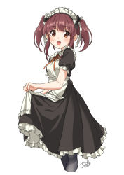 Rule 34 | 1girl, apron, black pantyhose, blush, breasts, brown eyes, clothes lift, dress, dress lift, hairband, headdress, highres, idolmaster, idolmaster cinderella girls, idolmaster cinderella girls starlight stage, maid, maid apron, maid headdress, ogata chieri, open mouth, pantyhose, red hair, simple background, skirt, skirt lift, small breasts, solo, standing, twintails, tyuga, white background
