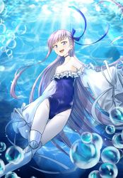 Rule 34 | 1girl, air bubble, armor, bare shoulders, blue eyes, blue ribbon, blush, breasts, bubble, choker, coffeekite, collarbone, fate/grand order, fate (series), frilled one-piece swimsuit, frills, greaves, hair ribbon, highleg, highleg swimsuit, highres, long hair, long sleeves, looking at viewer, meltryllis, meltryllis (fate), meltryllis (swimsuit lancer) (fate), meltryllis (swimsuit lancer) (second ascension) (fate), off-shoulder one-piece swimsuit, off shoulder, one-piece swimsuit, open mouth, prosthesis, prosthetic leg, puffy sleeves, purple hair, ribbon, sleeves past fingers, sleeves past wrists, small breasts, swimming, swimsuit, underwater, very long hair, white ribbon