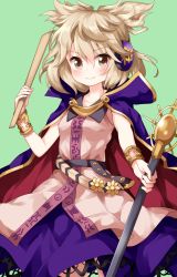 Rule 34 | 1girl, beige blouse, belt, blonde hair, blouse, blush, bracelet, breasts, brown hair, cape, collarbone, commentary request, cowboy shot, earmuffs, green background, hair between eyes, high collar, highres, holding, jewelry, looking at viewer, pointy hair, purple cape, purple skirt, ritual baton, ruu (tksymkw), shirt, short hair, simple background, skirt, small breasts, smile, solo, standing, touhou, toyosatomimi no miko