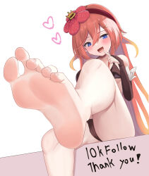 Rule 34 | 1girl, absurdres, barefoot, blue eyes, blush, feet, finger to mouth, foot focus, hairband, highres, long hair, looking at viewer, lts kakuyo, open mouth, orange hair, pointy ears, soles, toes, traptrix rafflesia, yu-gi-oh!