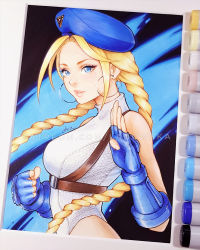 Rule 34 | 1girl, antenna hair, asia ladowska, beret, blonde hair, blue eyes, braid, cammy white, capcom, clenched hand, drawing, earrings, fighting stance, fingerless gloves, garrison cap, gloves, hat, highleg, highleg leotard, jewelry, leotard, long hair, marker, marker (medium), parted lips, pink lips, scar, solo, standing, strap, street fighter, traditional media, twin braids, white leotard