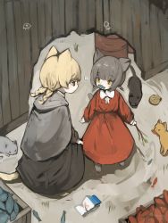 2girls absurdres animal animal_ears black_dress blonde_hair braid brown_eyes cat cat_ears cat_girl cat_tail covered_mouth dress eyes_visible_through_hair fence fish grey_hair highres holding kneeling milk_carton multiple_girls original red_dress shell shirokujira slit_pupils tail yellow_eyes