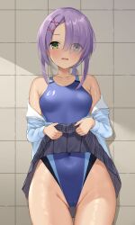 Rule 34 | 1girl, absurdres, blue jacket, cafe stella to shinigami no chou, cameltoe, cleft of venus, clothes lift, commentary request, commission, competition swimsuit, covered navel, dress, eyes visible through hair, green eyes, hair over one eye, hair strand, highres, hiuchidani mei, jacket, looking at viewer, multiple hairpins, ncontrail (mgax7527), one-piece swimsuit, open clothes, open jacket, plaid, plaid skirt, pleated dress, purple hair, purple one-piece swimsuit, short hair, skeb commission, skirt, skirt lift, solo, swimsuit, tan, tanline, tile wall, tiles, two-tone swimsuit, wet, wet clothes, wet swimsuit