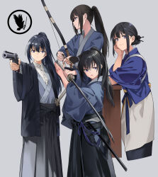 Rule 34 | 1girl, aiming, apron, arrow (projectile), black hair, black hakama, black skirt, blue kimono, bow (weapon), closed mouth, commentary, cropped legs, gloves, grey background, gun, hair ornament, hairpin, hakama, hakama skirt, hand on own cheek, hand on own face, handgun, head rest, high ponytail, highres, holding, holding arrow, holding bow (weapon), holding gun, holding sword, holding weapon, inoue takina, japanese clothes, katana, kimono, long hair, long sleeves, looking ahead, looking away, lycoris recoil, multiple views, neko (yanshoujie), open mouth, outstretched arm, partially fingerless gloves, partly fingerless gloves, purple eyes, revolver, sidelocks, simple background, skirt, smile, sword, waist apron, weapon, white apron, wide sleeves, yugake, yumi (bow)