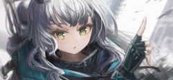 Rule 34 | 1girl, absurdres, arknights, black gloves, black jacket, blurry, blurry background, commentary, depth of field, eyebrows hidden by hair, fingerless gloves, franlol, gloves, green eyes, grey hair, hand up, highres, index finger raised, jacket, long hair, looking at viewer, parted lips, rosmontis (arknights), solo, upper body