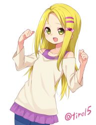 00s 1girl alternate_hairstyle arms_up artist_name blonde_hair chiroru_(7450n) dress female_focus futari_wa_precure hair_down kujou_hikari precure simple_background solo sweater sweater_dress yellow_eyes