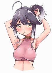 Rule 34 | 1girl, absurdres, ahoge, breasts, choker, commentary request, grey hair, hayanami (kancolle), highres, kantai collection, komb, looking at viewer, medium breasts, mouth hold, ponytail, rubber band, short hair, side ponytail, simple background, solo, sports bra, upper body, white background, yellow eyes