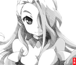Rule 34 | 1girl, breasts, cleavage, face, gofu, greyscale, hair over one eye, kondou isami (sengoku collection), long hair, looking at viewer, monochrome, sengoku collection, sketch, smile, solo, traditional media