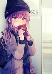 Rule 34 | 1girl, backpack, bag, beanie, black hat, black shirt, blue bow, blurry, blurry background, blush, bow, box, braid, brown coat, closed mouth, coat, commentary request, depth of field, earrings, frown, fur coat, gift, gift box, hat, heart, highres, holding, holding gift, jewelry, long hair, long sleeves, looking at viewer, nanahamu, open clothes, open coat, original, purple eyes, purple hair, red ribbon, ribbon, shirt, side braid, solo, two-handed, upper body, valentine
