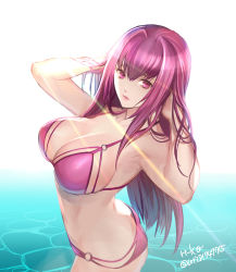 Rule 34 | 1girl, absurdres, bikini, breasts, fate/grand order, fate (series), hair intakes, hands in hair, highres, large breasts, lipstick, long hair, looking at viewer, makeup, parted lips, purple bikini, purple hair, red eyes, ri-ko, scathach (fate), solo, swimsuit, very long hair, water