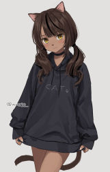 Rule 34 | 1girl, :3, animal ears, anz32, black choker, black hair, black hoodie, brown hair, cat ears, cat girl, cat tail, choker, closed mouth, clothes writing, commentary, dark-skinned female, dark skin, drawstring, grey background, hood, hood down, hoodie, long hair, long sleeves, looking at viewer, low twintails, multicolored hair, original, puffy long sleeves, puffy sleeves, simple background, sleeves past wrists, solo, streaked hair, symbol-only commentary, tail, twintails, twitter username, yellow eyes