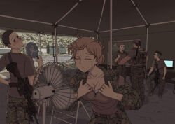 1girl 4boys baseball_cap black_hair black_shirt blonde_hair bottle breasts brown_hair brown_hat camouflage camouflage_shirt chair cleavage closed_eyes collarbone computer electric_fan etmc1992 facing_object gun gun_on_back hair_bun hand_fan hat highres holding holding_bottle holding_fan hot laptop load_bearing_vest long_sleeves looking_at_another multiple_boys on_chair original rifle shirt short_sleeves single_hair_bun sitting soldier standing sweat t-shirt tactical_clothes tent undercut united_states_marine_corps water_bottle weapon weapon_on_back zipper