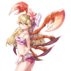 Rule 34 | 1girl, aqua eyes, ass, bare arms, bare shoulders, bikini, blonde hair, bow, bracelet, breasts, collarbone, cowboy shot, crab claw, flower, frilled bikini, frills, hair between eyes, hair bow, hair flower, hair ornament, jewelry, king&#039;s raid, long hair, looking at viewer, official art, pincers, pink bikini, ponytail, small breasts, smile, solo, stomach, swimsuit, thighs, transparent background, twisted torso, viska (king&#039;s raid)