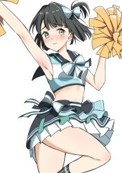 Rule 34 | 1girl, arm up, black hair, black skirt, blue bow, blue bowtie, blue shirt, blunt bangs, blunt ends, bow, bowtie, cheerleader, closed mouth, commentary, djpwjd1, embarrassed, green eyes, h.s.c.t. (love live!), hair bow, hand up, highres, holding, holding pom poms, layered skirt, leg up, link! like! love live!, looking at viewer, love live!, midriff, miniskirt, momose ginko, official alternate costume, official alternate hairstyle, one side up, pleated skirt, pom pom (cheerleading), pom poms, shirt, short hair, simple background, skirt, sleeveless, sleeveless shirt, solo, virtual youtuber, white background, white skirt