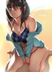 Rule 34 | 10s, 1girl, :o, bare shoulders, barefoot, beach, bikini, black hair, blue bikini, blue eyes, blue jacket, blush, breasts, checkered bikini, checkered clothes, cleavage, collarbone, commentary request, day, eyes visible through hair, hair between eyes, hip focus, idolmaster, idolmaster cinderella girls, jacket, large breasts, legs, light rays, long hair, murasame nohito, navel, off shoulder, open clothes, open jacket, outdoors, sagisawa fumika, seiza, sitting, solo, sunlight, sweat, swimsuit, thighs