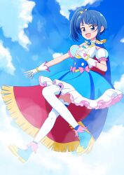 Rule 34 | 1girl, :d, absurdres, blue cape, blue eyes, blue hair, blue skirt, cape, cosplay, cure sky, cure sky (cosplay), frills, full body, gloves, highres, hirogaru sky! precure, long hair, magical girl, one side up, open mouth, precure, self cosplay, senchouto, single sidelock, skirt, sky, smile, solo, sora harewataru, thighhighs, two-sided cape, two-sided fabric, white gloves, white thighhighs, wing hair ornament