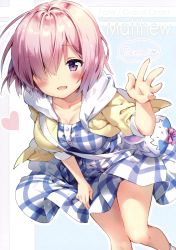 Rule 34 | 1girl, :d, absurdres, bag, blue dress, blush, breasts, casual, character doll, collarbone, dress, english text, fate/grand order, fate (series), fou (fate), hair over one eye, hand up, heart, highres, hood, hoodie, large breasts, leaning forward, looking at viewer, mash kyrielight, mash kyrielight (senpai killer outfit), official alternate costume, open clothes, open hoodie, open mouth, pink hair, plaid, plaid dress, purple eyes, riichu, satchel, scan, short hair, smile, solo, speech bubble, white dress